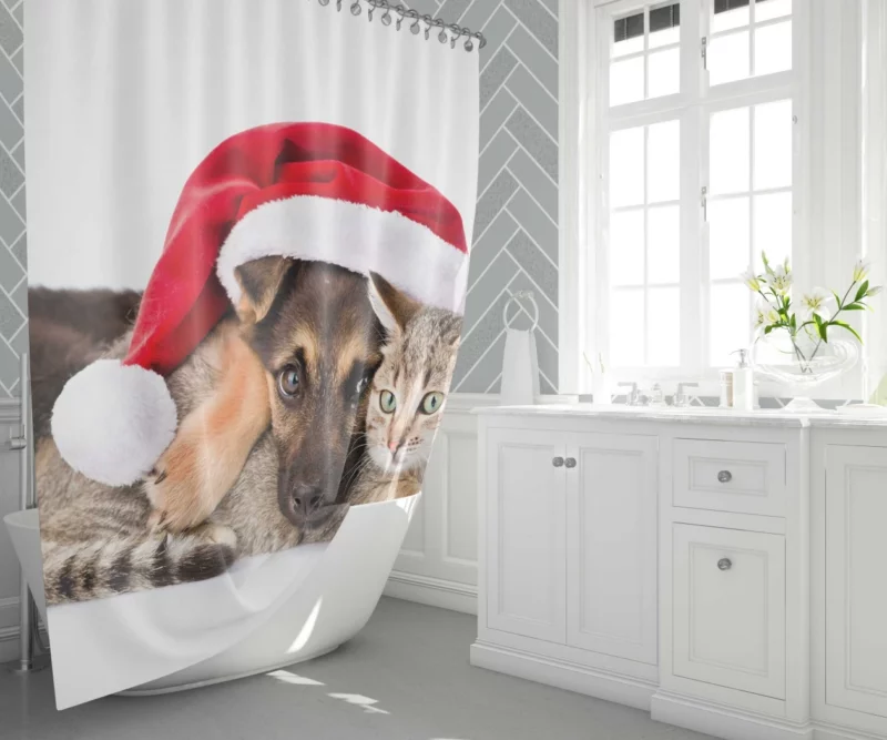 Puppy and Cat Christmas Play Shower Curtain 1