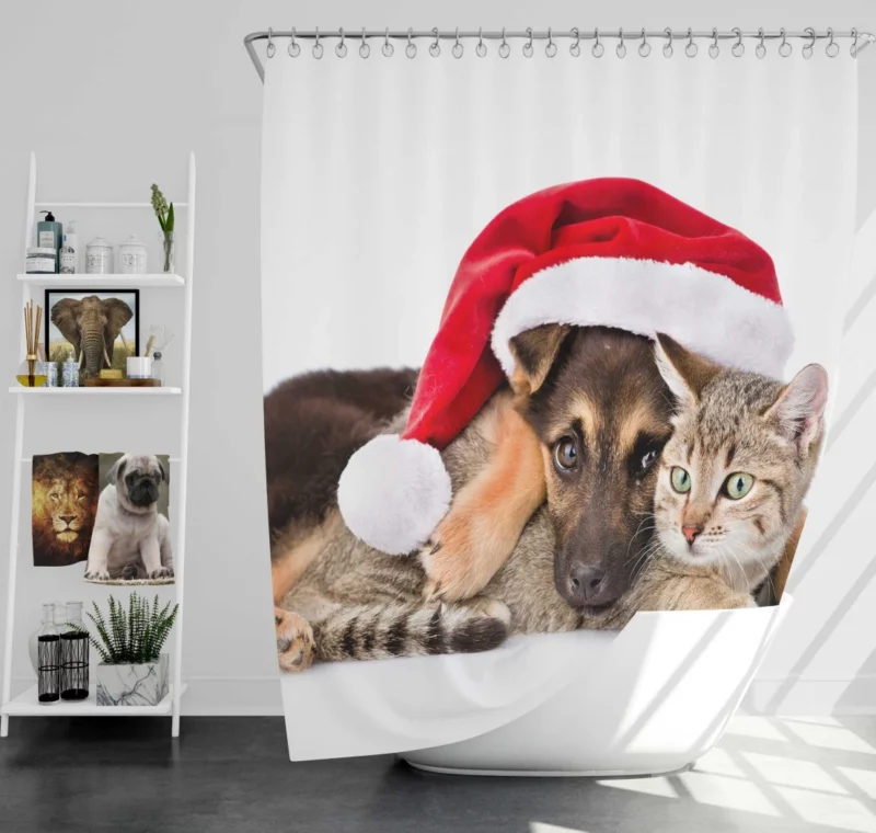 Puppy and Cat Christmas Play Shower Curtain