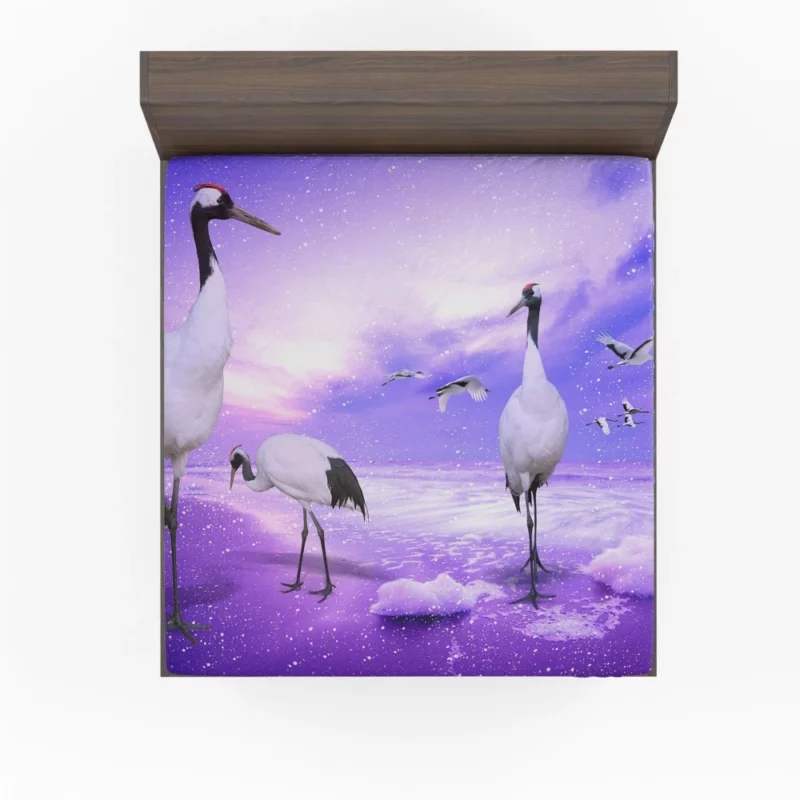 Red-crowned Crane Winter Elegance Snowy Reflection Fitted Sheet 1