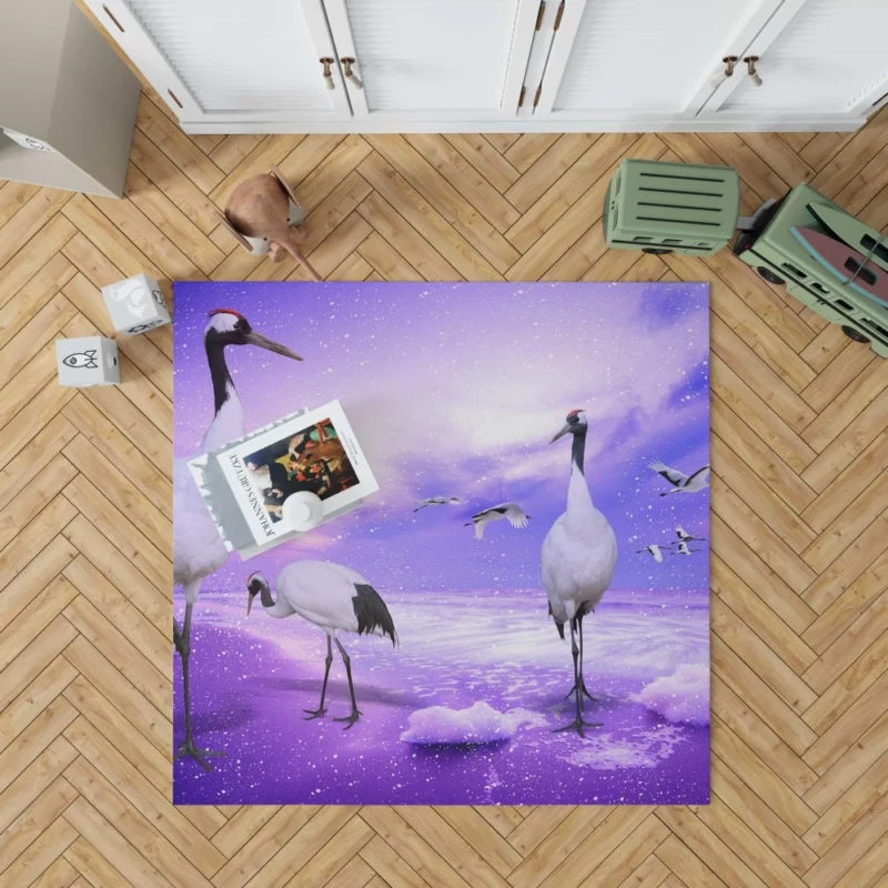 Red-crowned Crane Winter Elegance Snowy Reflection Rug