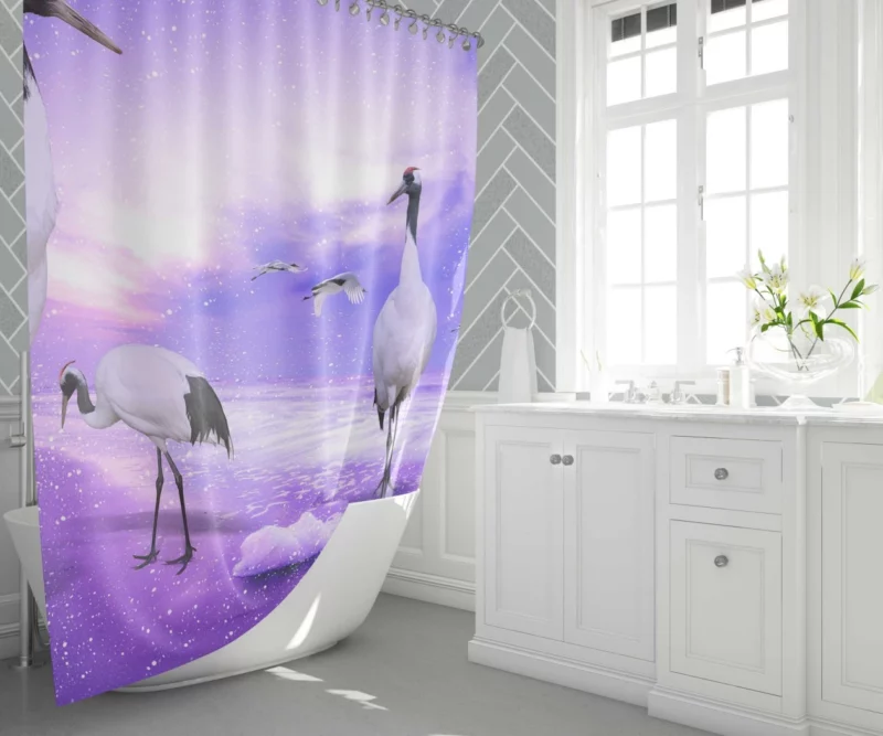 Red-crowned Crane Winter Elegance Snowy Reflection Shower Curtain 1