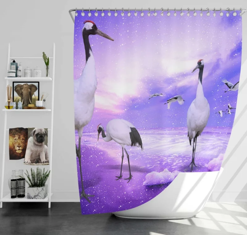 Red-crowned Crane Winter Elegance Snowy Reflection Shower Curtain