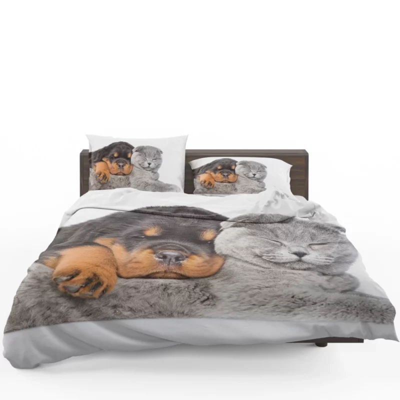 Rottweiler and Cat Cute Camaraderie Bedding Set