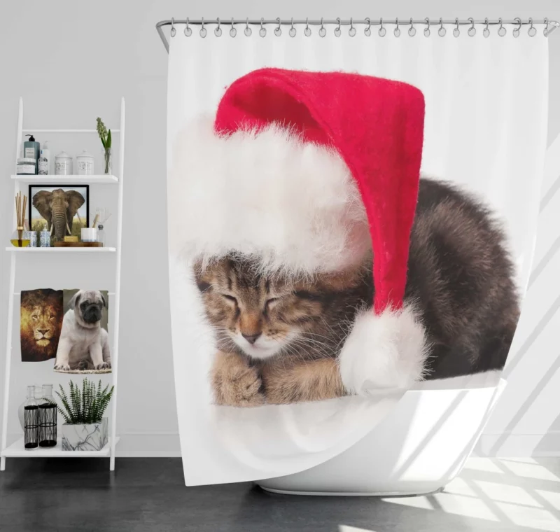 Santa Feline Helper Christmas Curiosity Shower Curtain