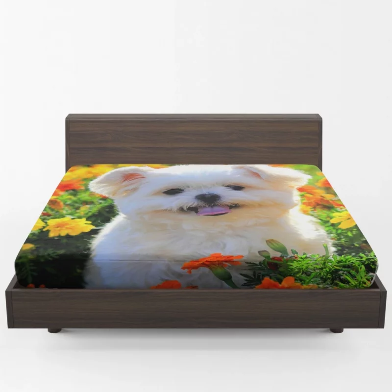 Shih Tzu Puppy Amidst Marigolds Floral Joy Fitted Sheet