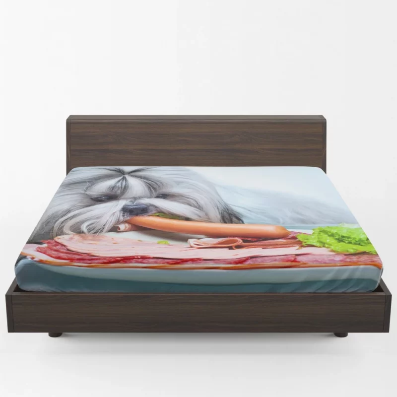 Shih Tzu with Sausage Playful Whimsy Fitted Sheet