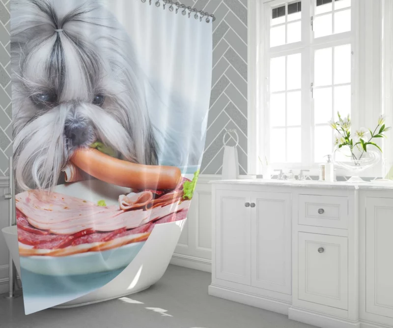 Shih Tzu with Sausage Playful Whimsy Shower Curtain 1