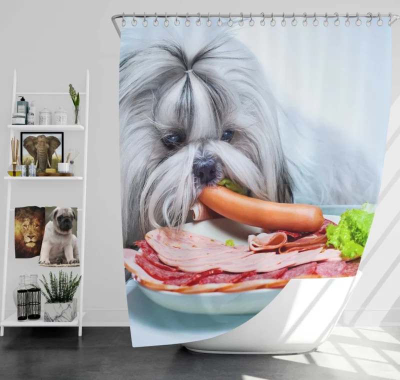 Shih Tzu with Sausage Playful Whimsy Shower Curtain