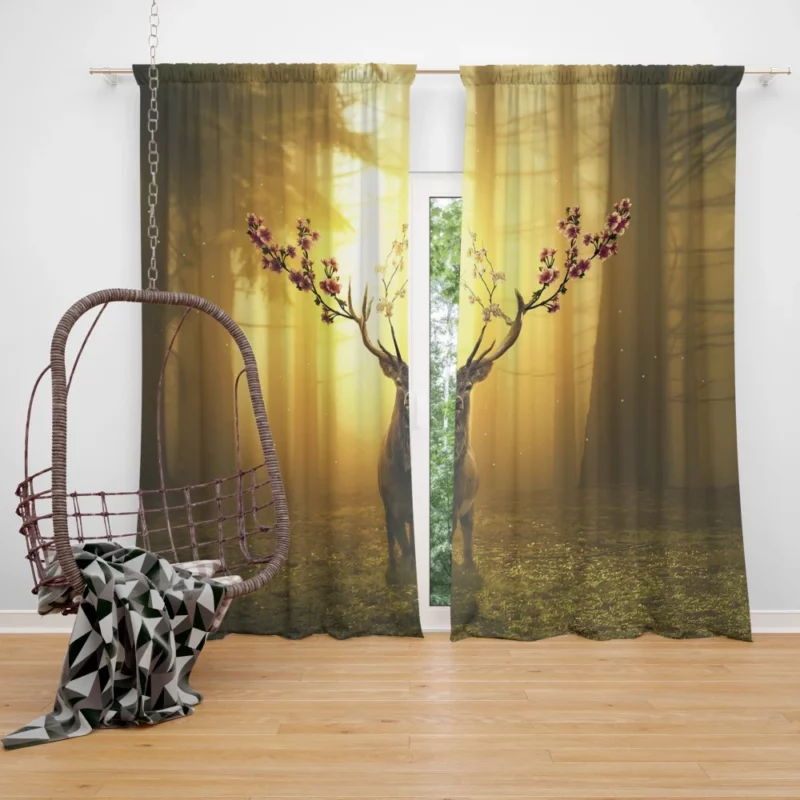 Spring Enchanted Deer in Forest Curtain