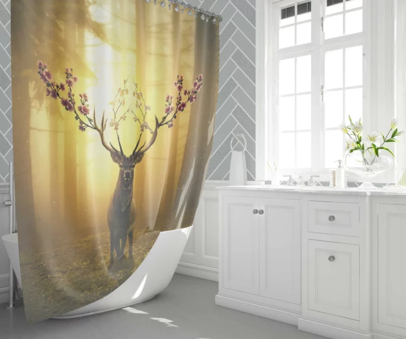 Spring Enchanted Deer in Forest Shower Curtain 1