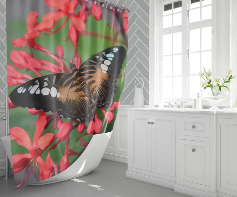 The Clipper Butterfly Red Floral Delight Shower Curtain 1