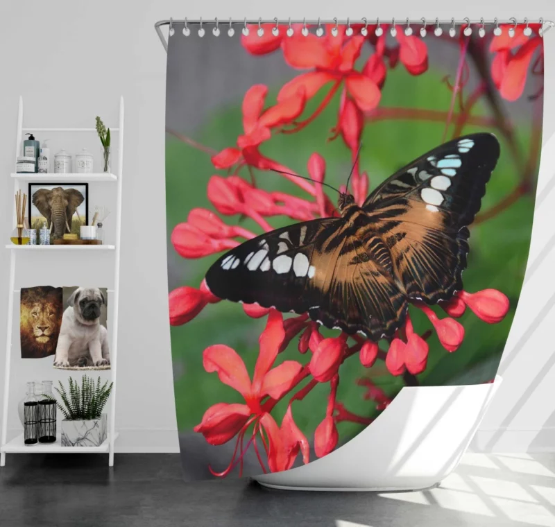 The Clipper Butterfly Red Floral Delight Shower Curtain