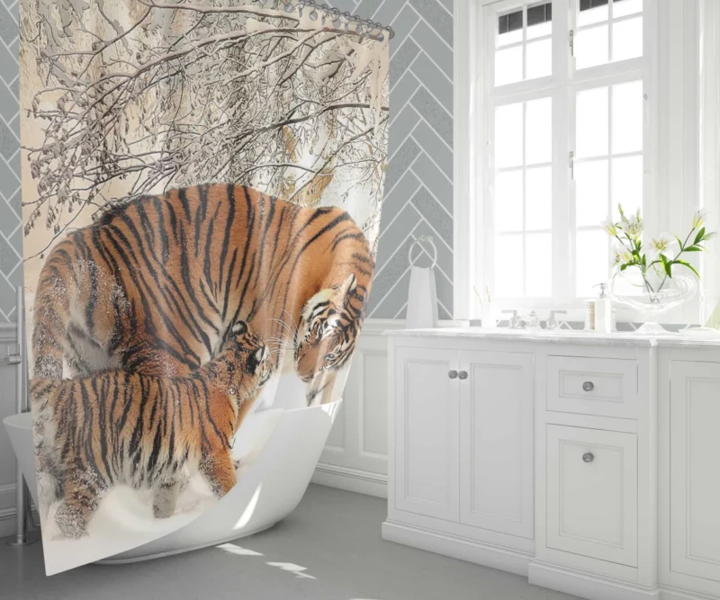 Tiger Playful Bond Family in Snow Shower Curtain 1