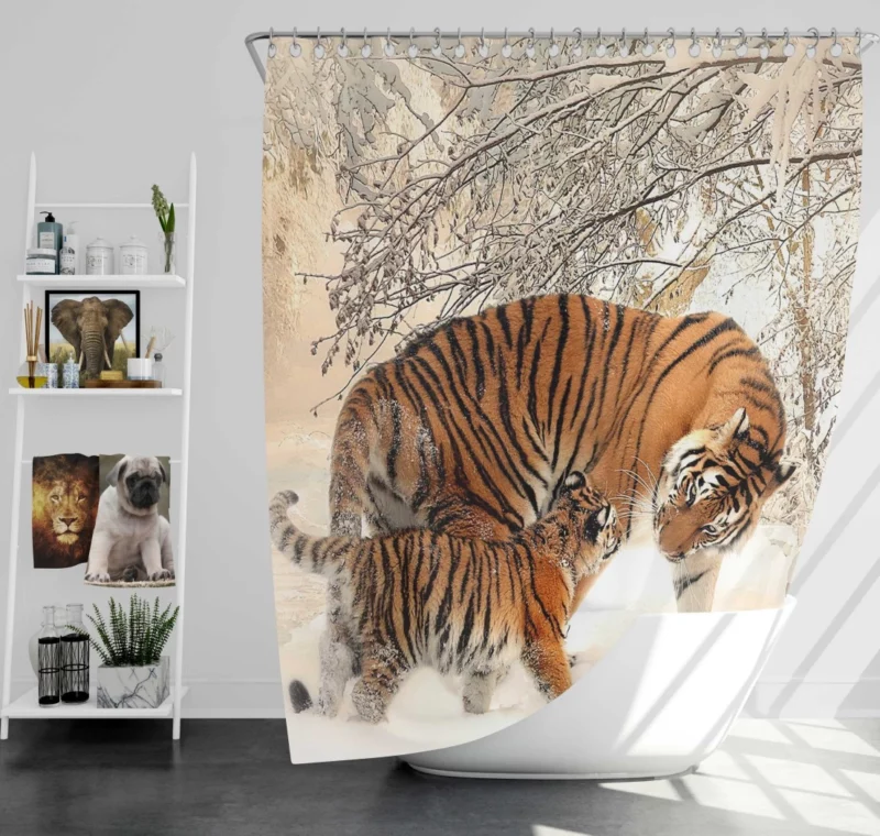 Tiger Playful Bond Family in Snow Shower Curtain