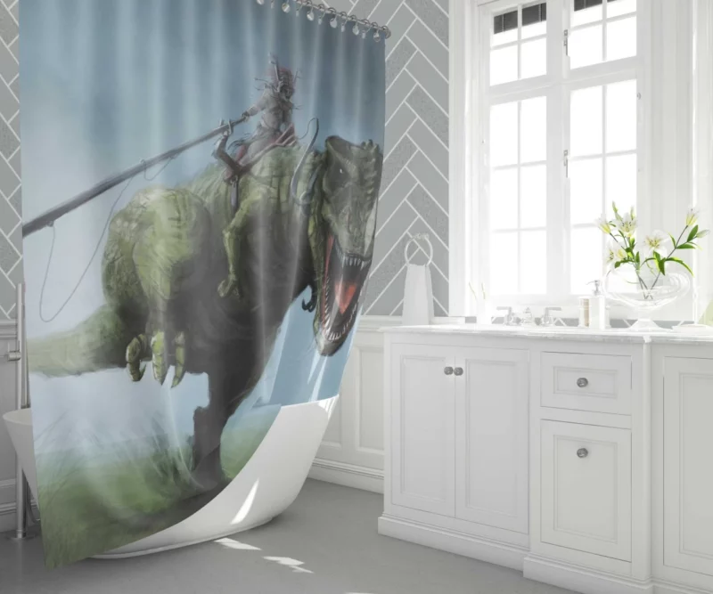 Warrior and T-Rex Mythic Alliance Shower Curtain 1