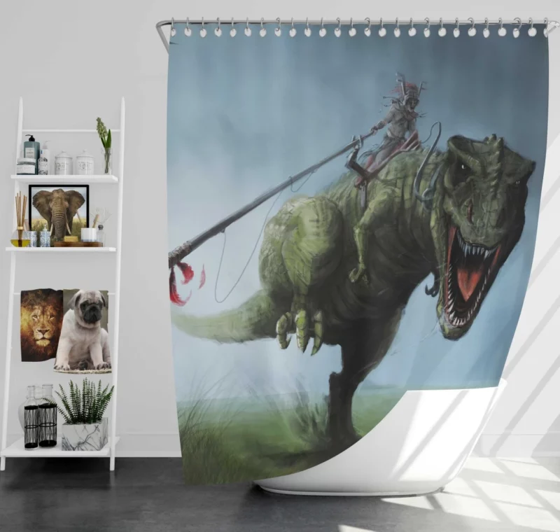 Warrior and T-Rex Mythic Alliance Shower Curtain