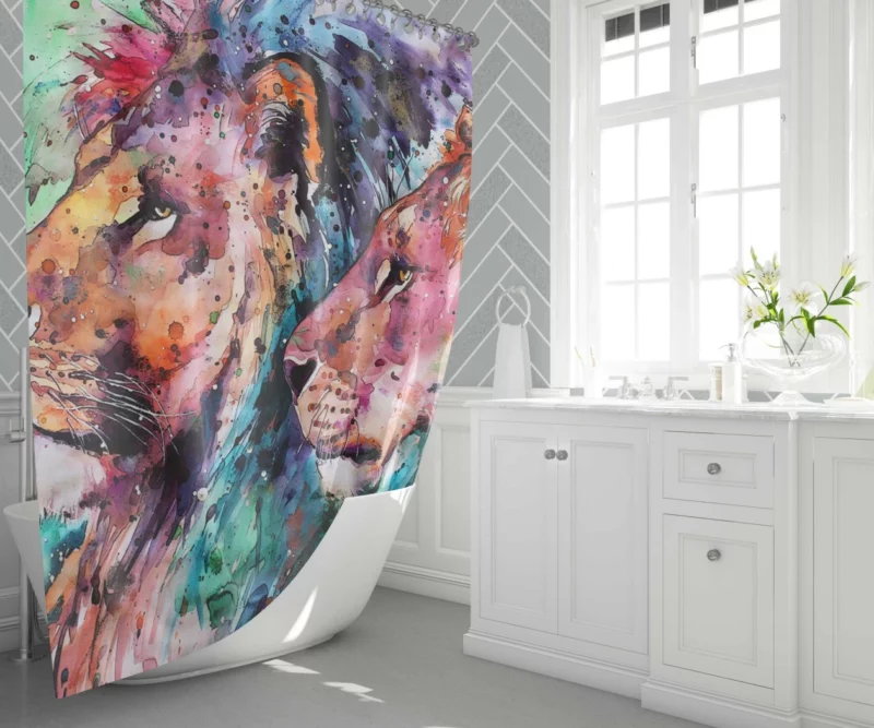 Watercolor Lion in Nature Splendor Shower Curtain 1