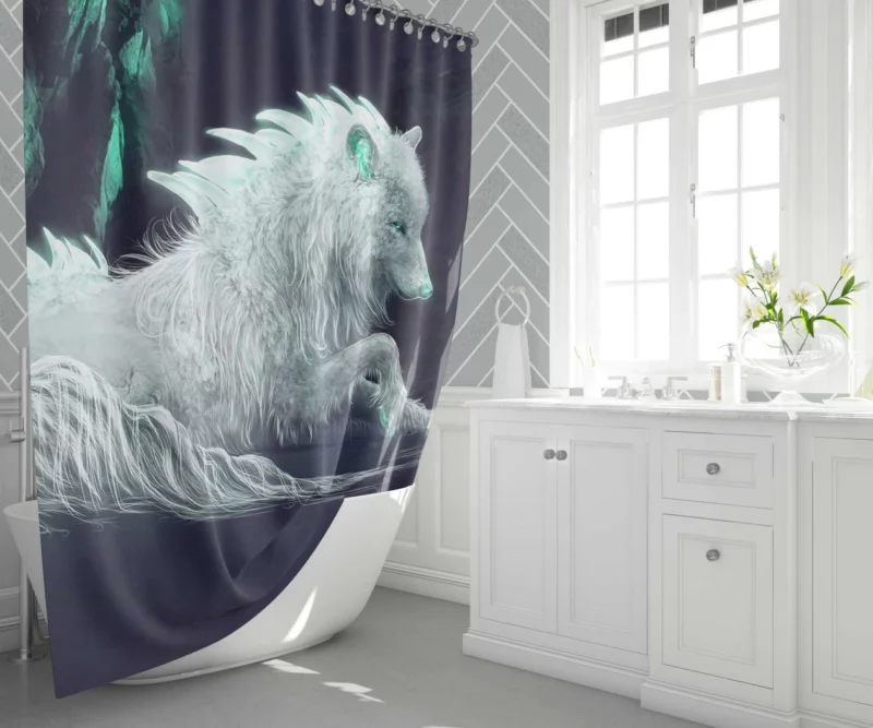 White Wolf in Arctic Fantasy Shower Curtain 1