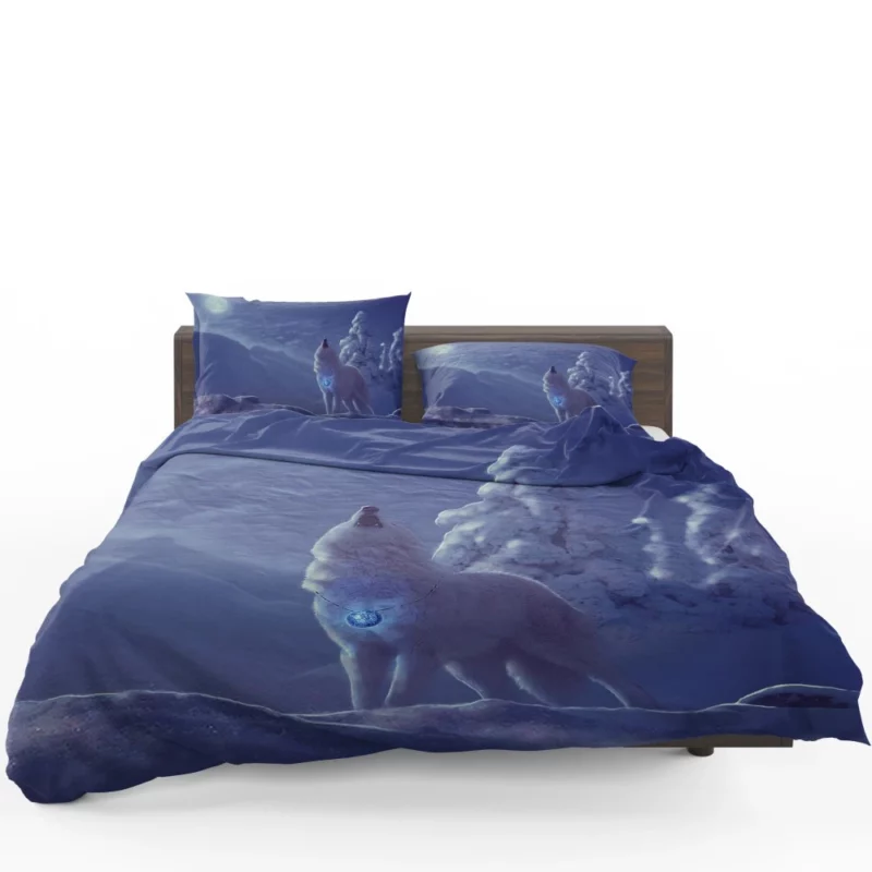 White Wolf in Nighttime Forest Mystical Aura Bedding Set