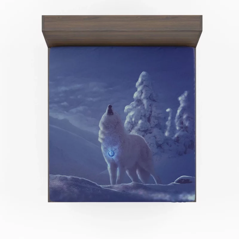 White Wolf in Nighttime Forest Mystical Aura Fitted Sheet 1