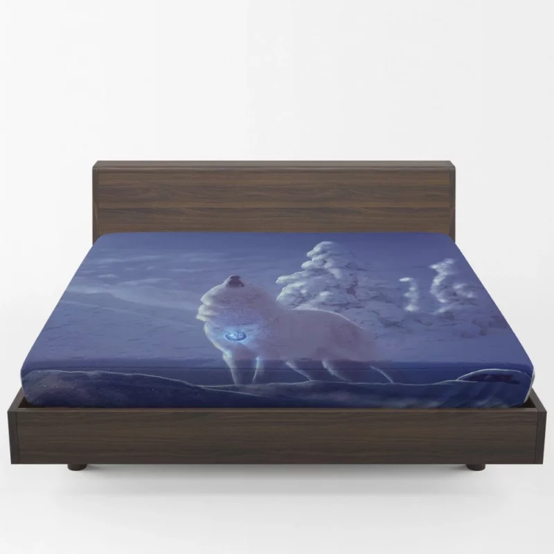 White Wolf in Nighttime Forest Mystical Aura Fitted Sheet