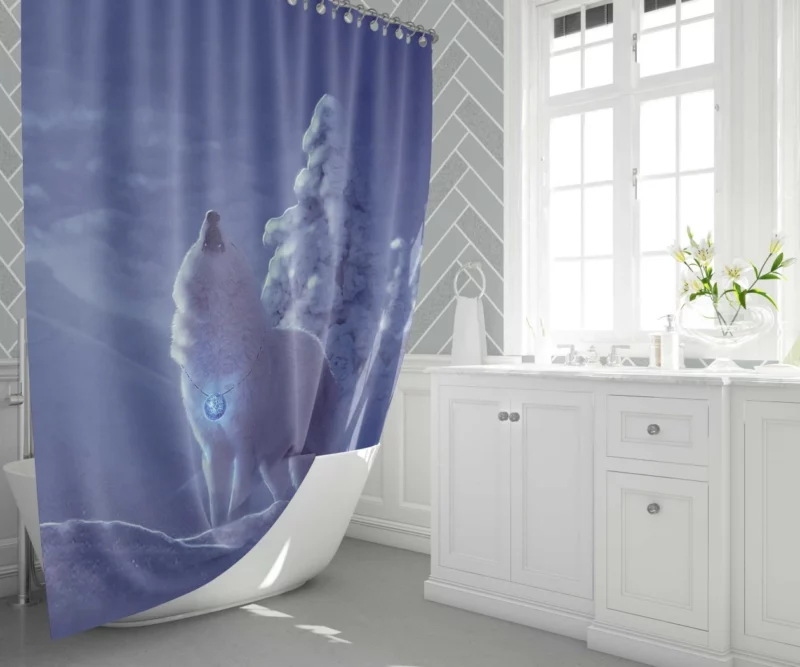 White Wolf in Nighttime Forest Mystical Aura Shower Curtain 1