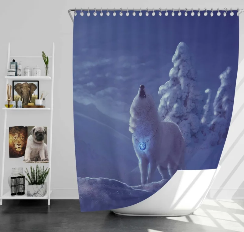 White Wolf in Nighttime Forest Mystical Aura Shower Curtain