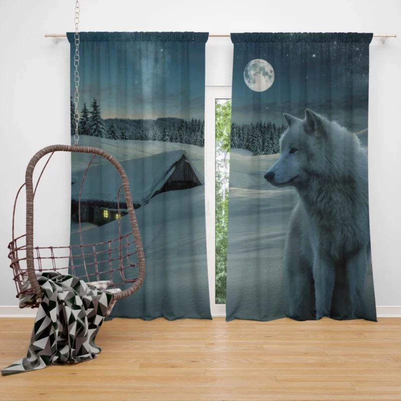 White Wolf in Starlit Night Enigmatic Majesty Curtain