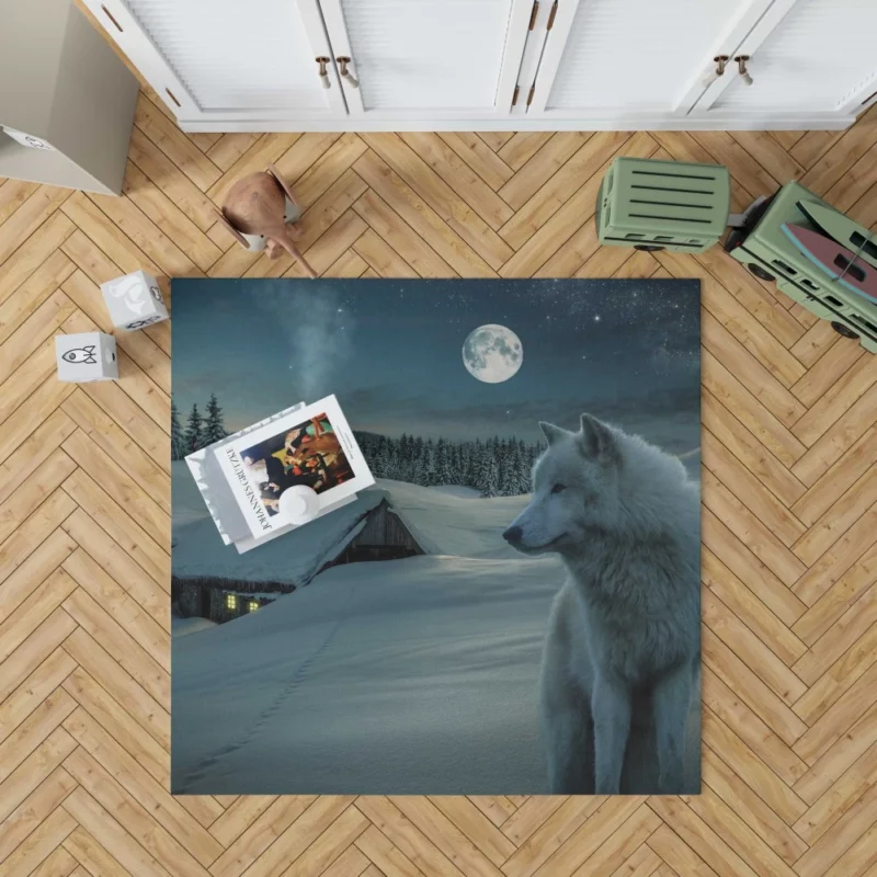 White Wolf in Starlit Night Enigmatic Majesty Rug