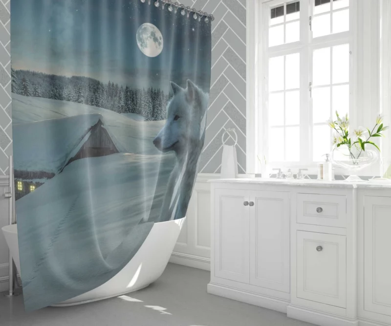 White Wolf in Starlit Night Enigmatic Majesty Shower Curtain 1