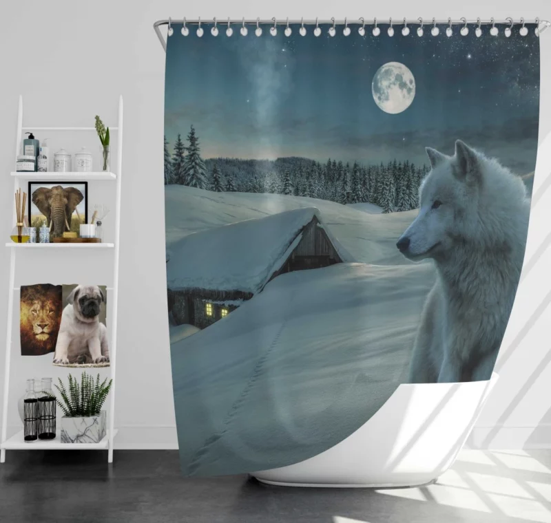 White Wolf in Starlit Night Enigmatic Majesty Shower Curtain