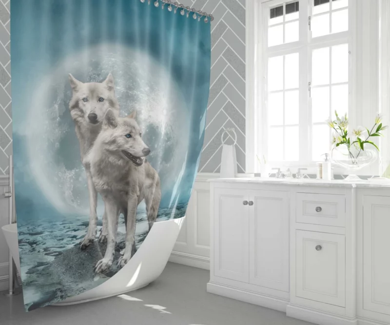 White Wolves Beneath the Moon Shower Curtain 1