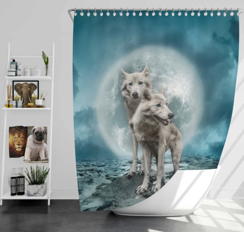 White Wolves Beneath the Moon Shower Curtain