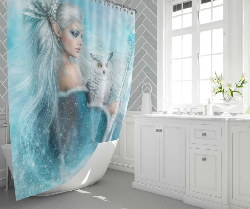 Winter Elf Queen with Snowy Owl Shower Curtain 1