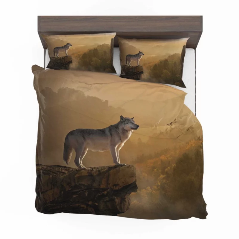 Wolf Amidst Rocks in Foggy Forest Bedding Set 1