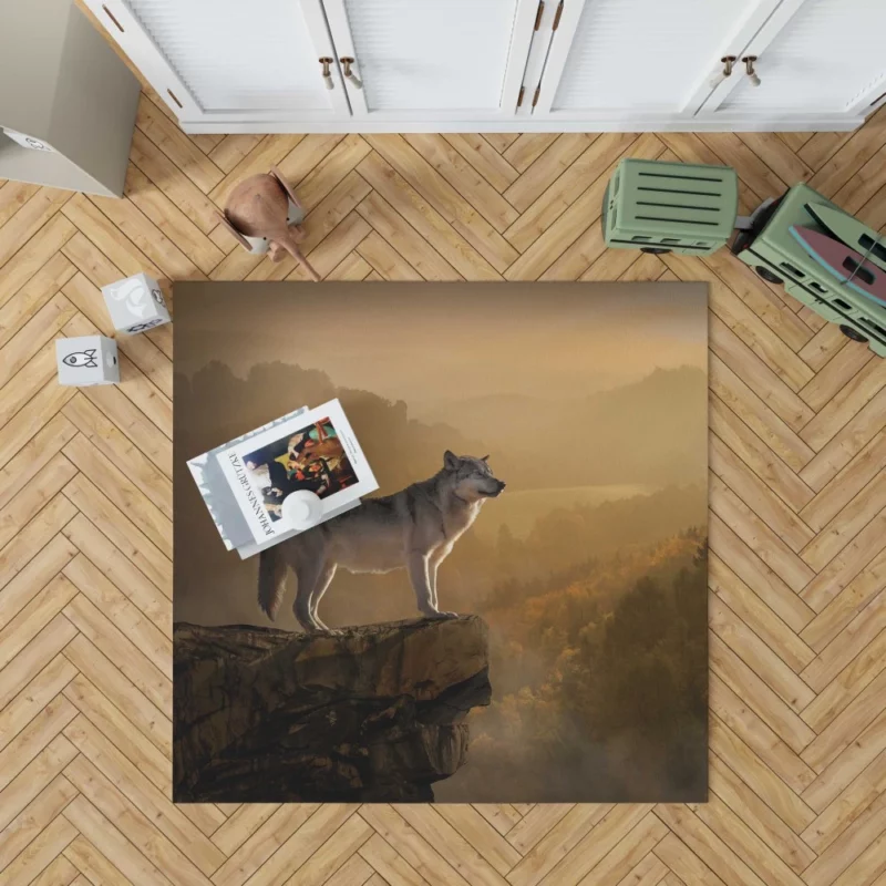 Wolf Amidst Rocks in Foggy Forest Rug