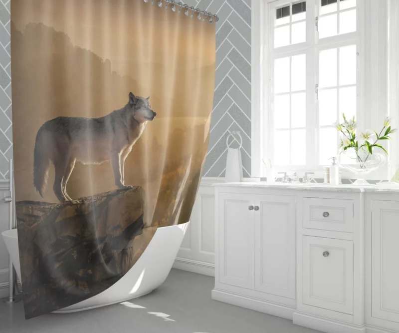 Wolf Amidst Rocks in Foggy Forest Shower Curtain 1