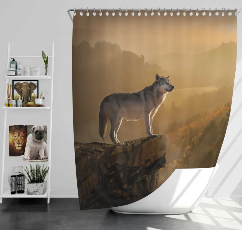 Wolf Amidst Rocks in Foggy Forest Shower Curtain