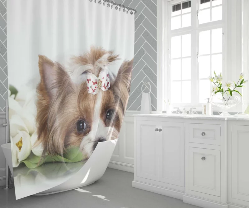 Yorkshire Terrier Amidst Tulips Floral Play Shower Curtain 1