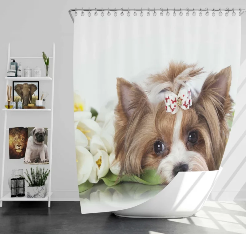 Yorkshire Terrier Amidst Tulips Floral Play Shower Curtain