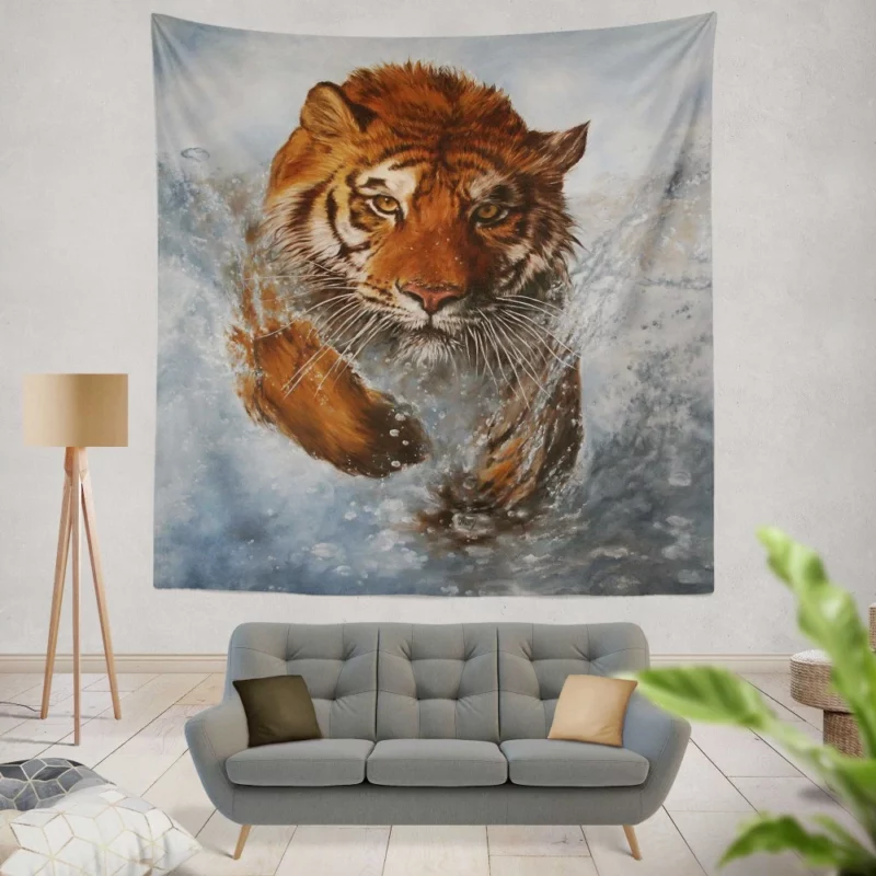 Artistic Tiger Running Amidst Water Striking Vision Wall Hanging Tapestry