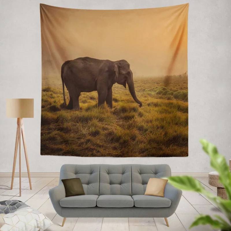 Asian Elephant in Sunlit Fog Wall Hanging Tapestry