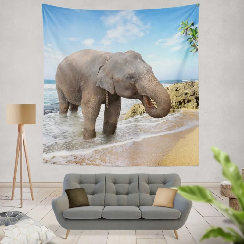 Asian Elephant on Beach Coastal Majesty Wall Hanging Tapestry