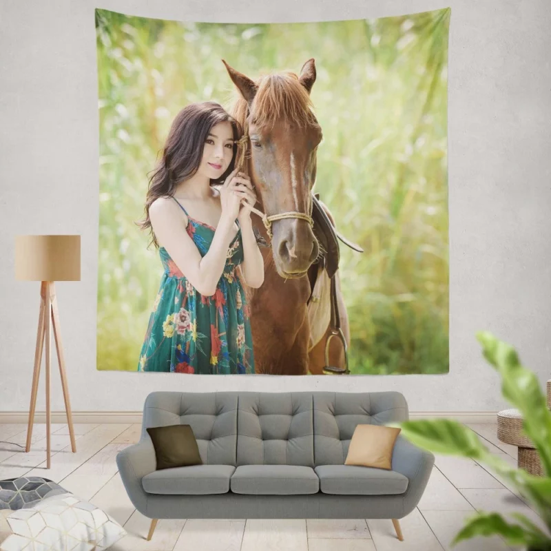 Asian Woman with Horse Graceful Harmony Wall Hanging Tapestry