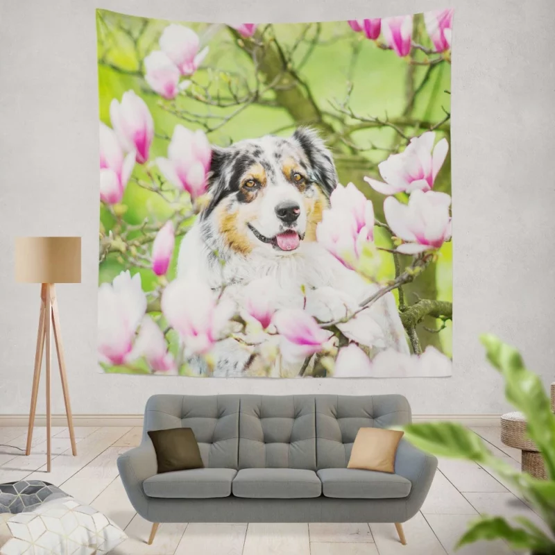 Australian Shepherd Amidst Magnolias Wall Hanging Tapestry