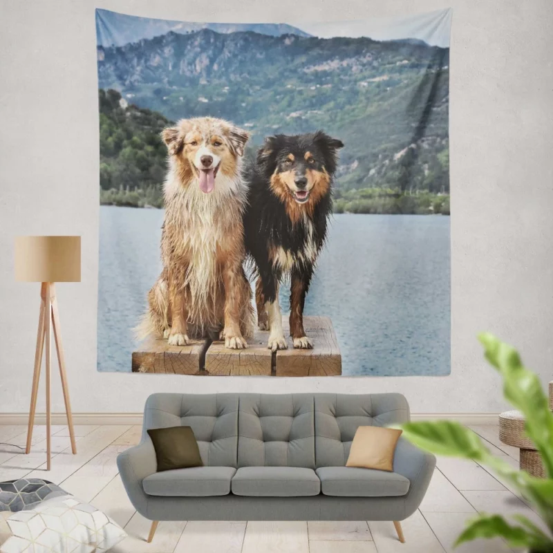 Australian Shepherd Lake Adventure Wall Hanging Tapestry