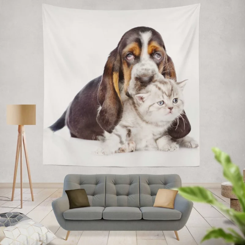 Basset Hound & Kitten Furry Friendship Wall Hanging Tapestry