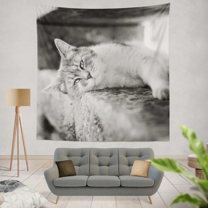 Black & White Cat Restful Pose Wall Hanging Tapestry