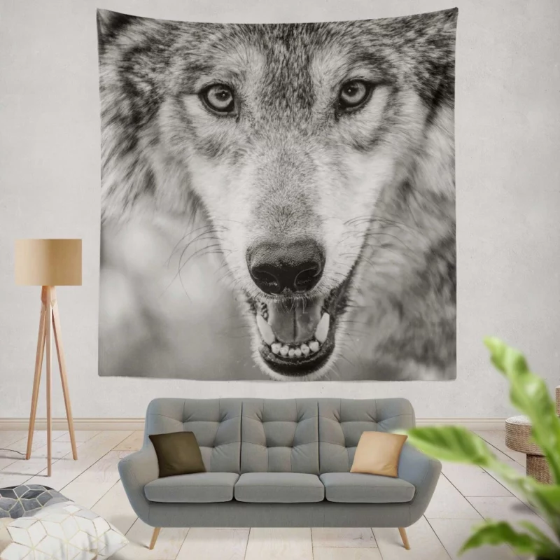 Black & White Wolf Intensity Wilderness Wall Hanging Tapestry