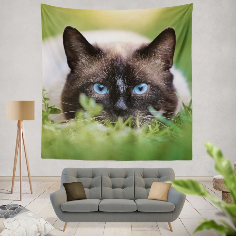 Blue-Eyed Cat Amidst Grass Nature Gaze Wall Hanging Tapestry